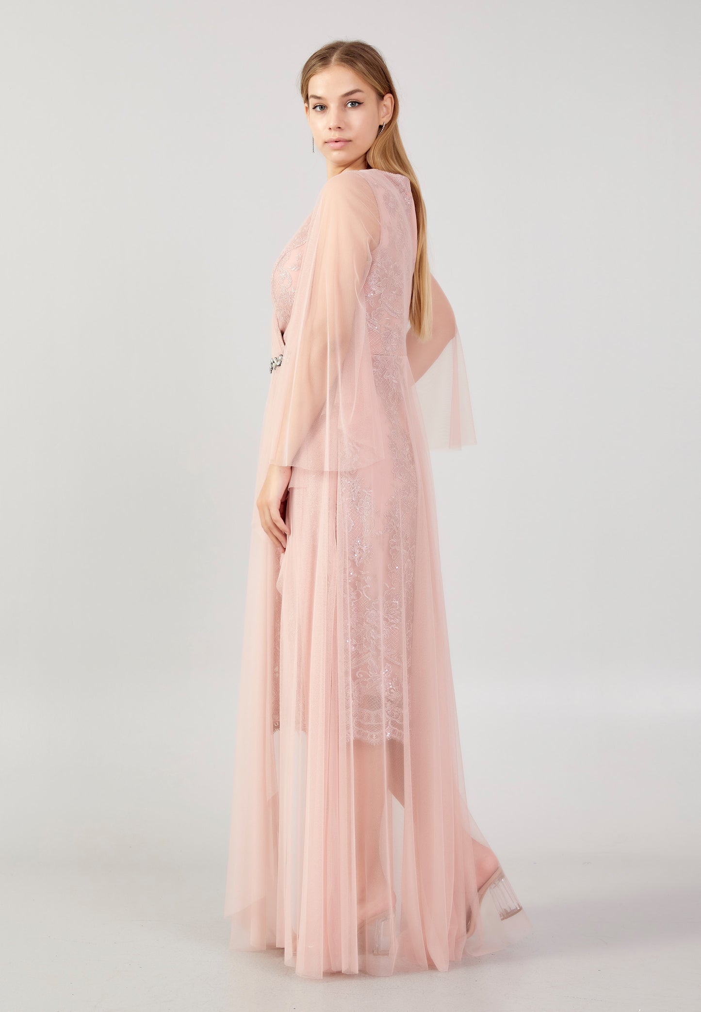 Romantic powder pink lace tulle dress