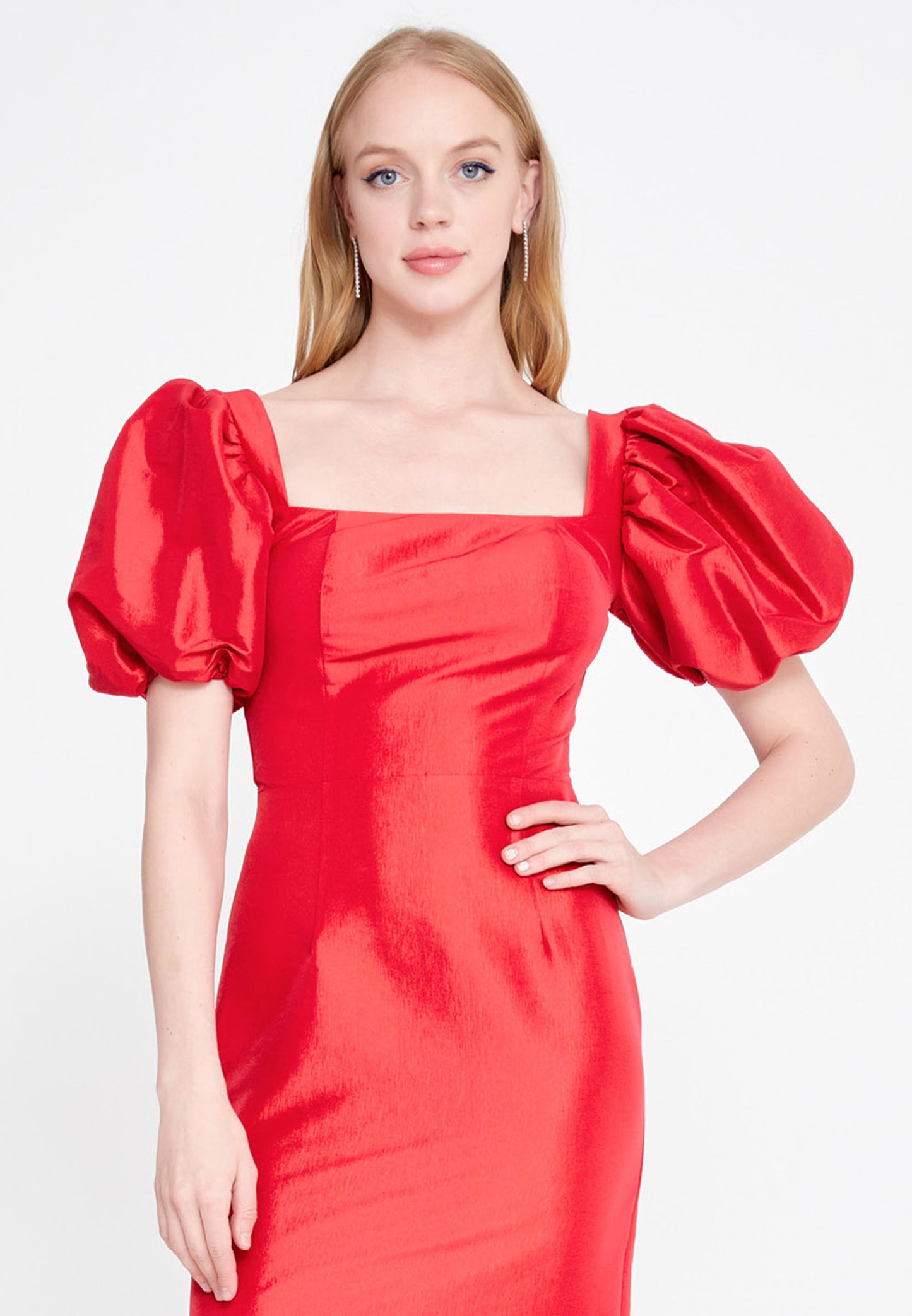 RED TAFFETA PUFF SLEEVED DRESS