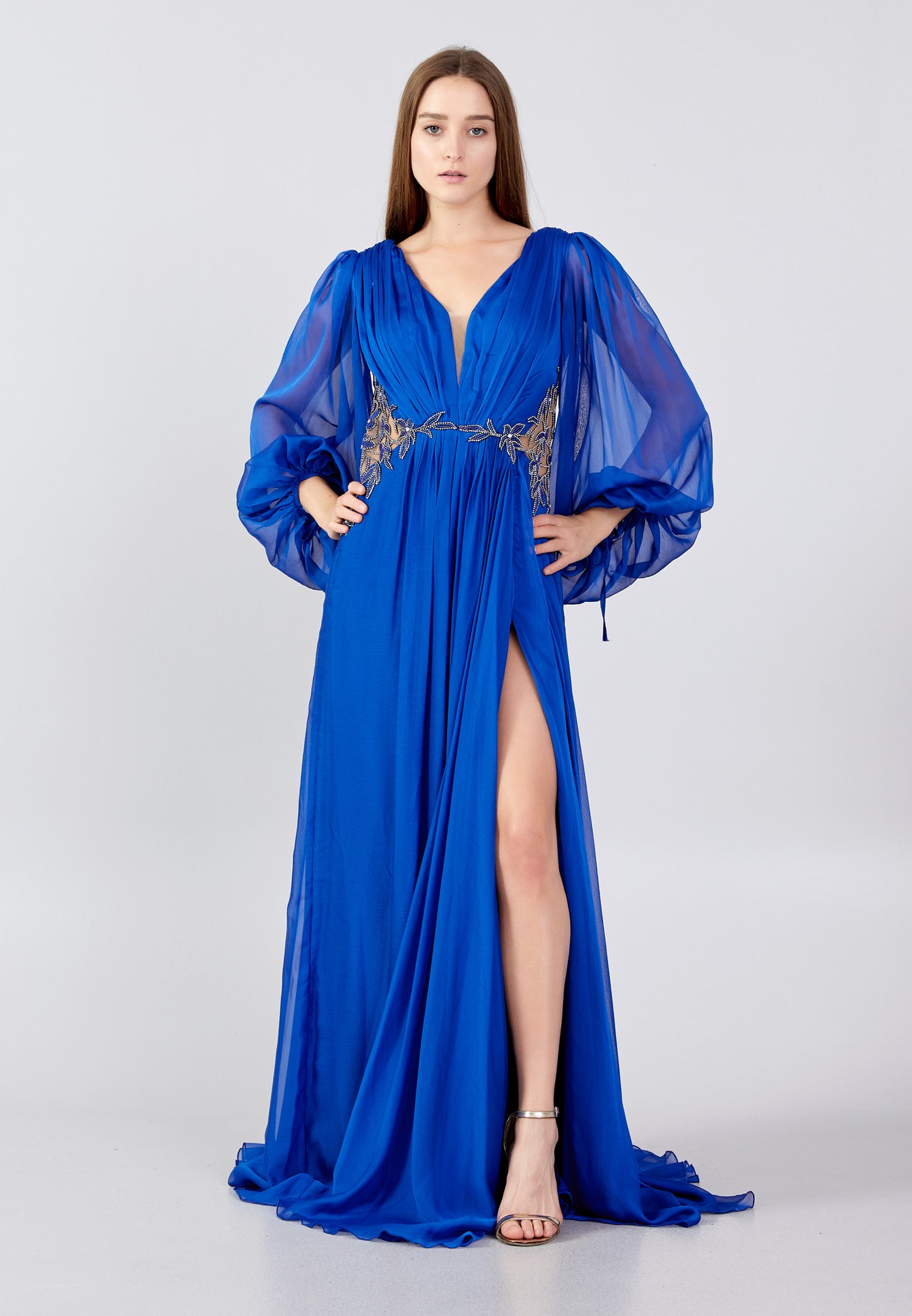 ROYAL BLUE SILK CHIFFON GOWN