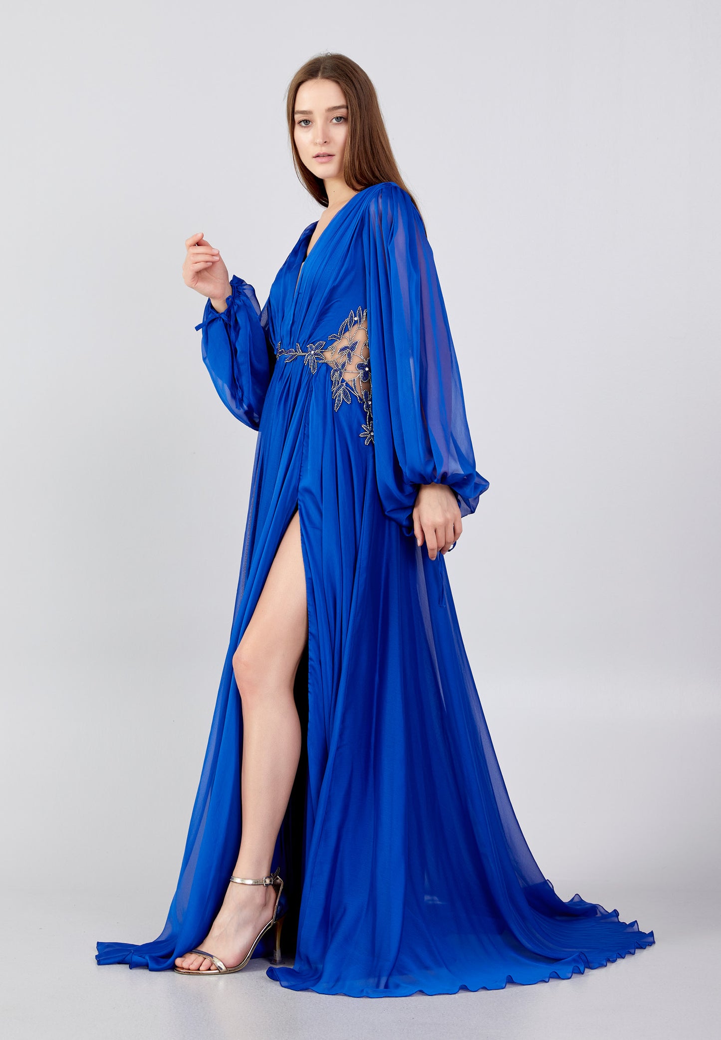 ROYAL BLUE SILK CHIFFON GOWN