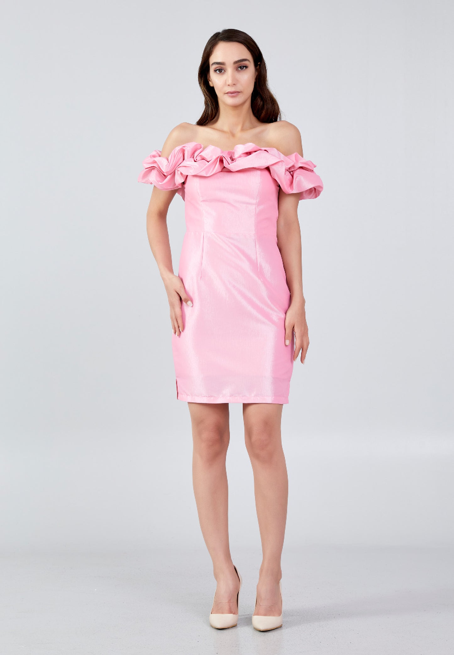 PINK TAFFETA OVER SHOULDER COCKTAIL DRESS