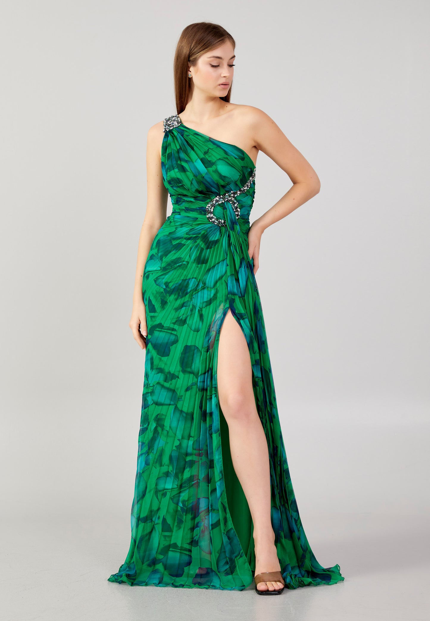 Long asymmetric  green floral dress