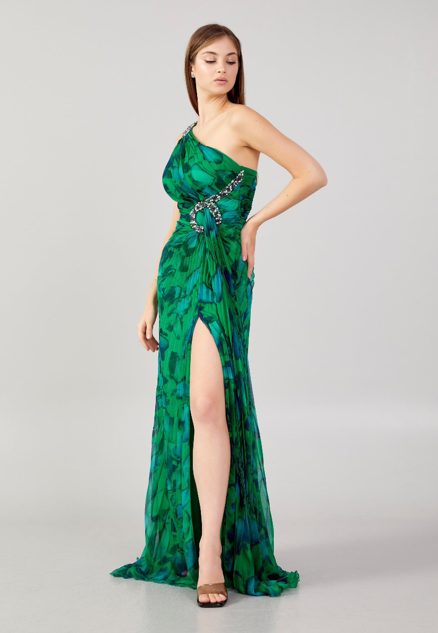 Long asymmetric  green floral dress