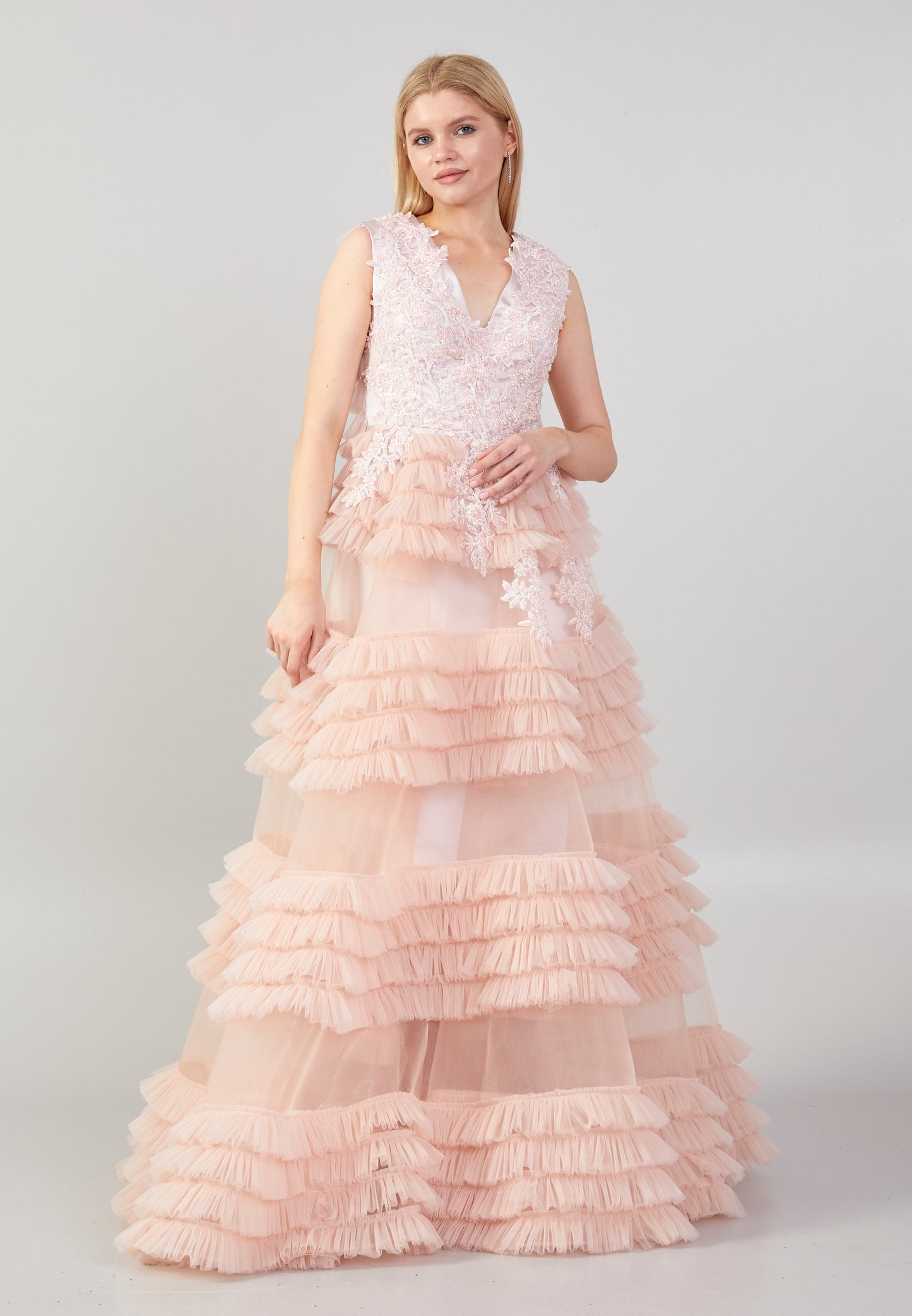 PINK RUFFLE LACE AND EMBROIEDERED COUTURE DRESS