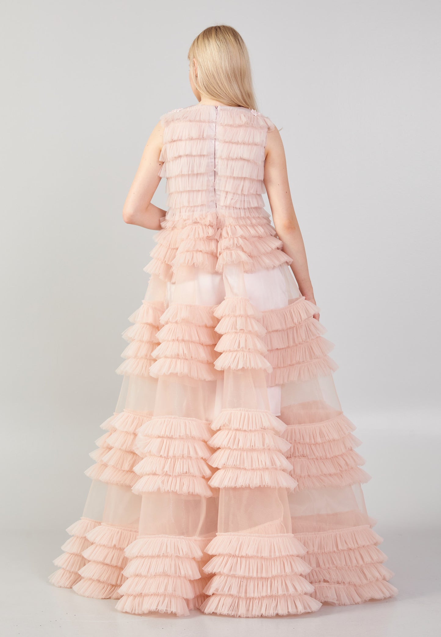 PINK RUFFLE LACE AND EMBROIEDERED COUTURE DRESS