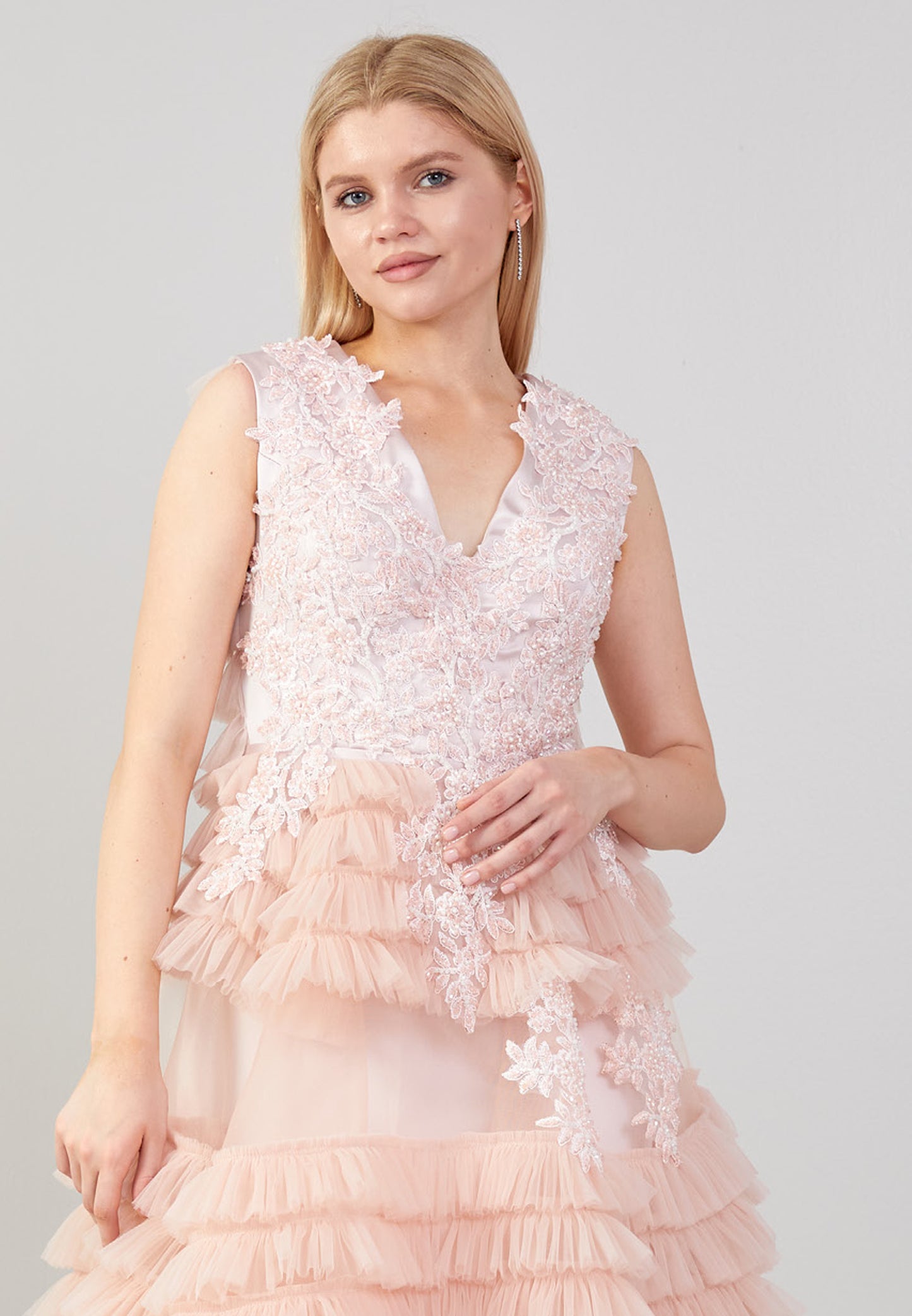 PINK RUFFLE LACE AND EMBROIEDERED COUTURE DRESS