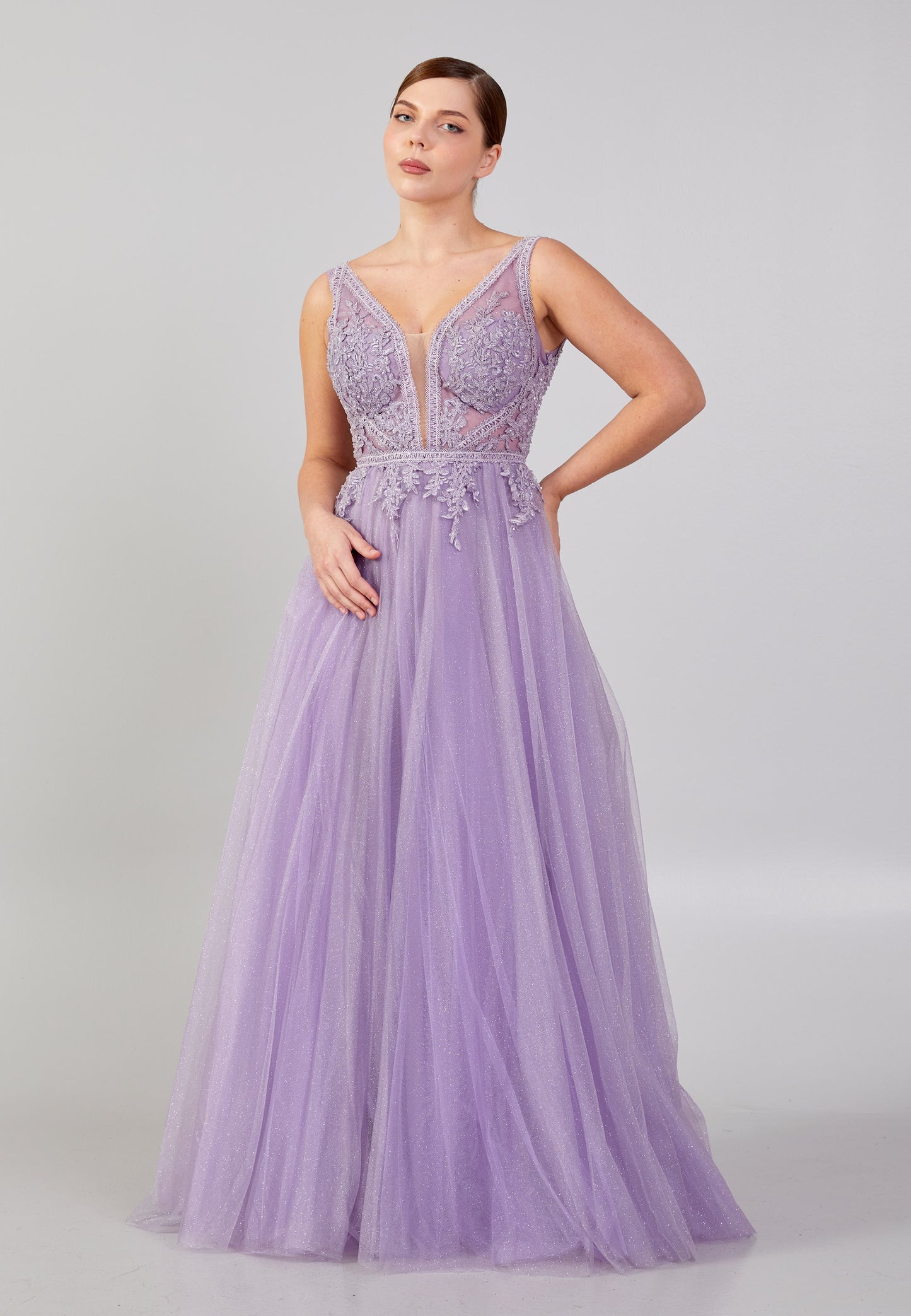 Lila lace and tulle evening gown