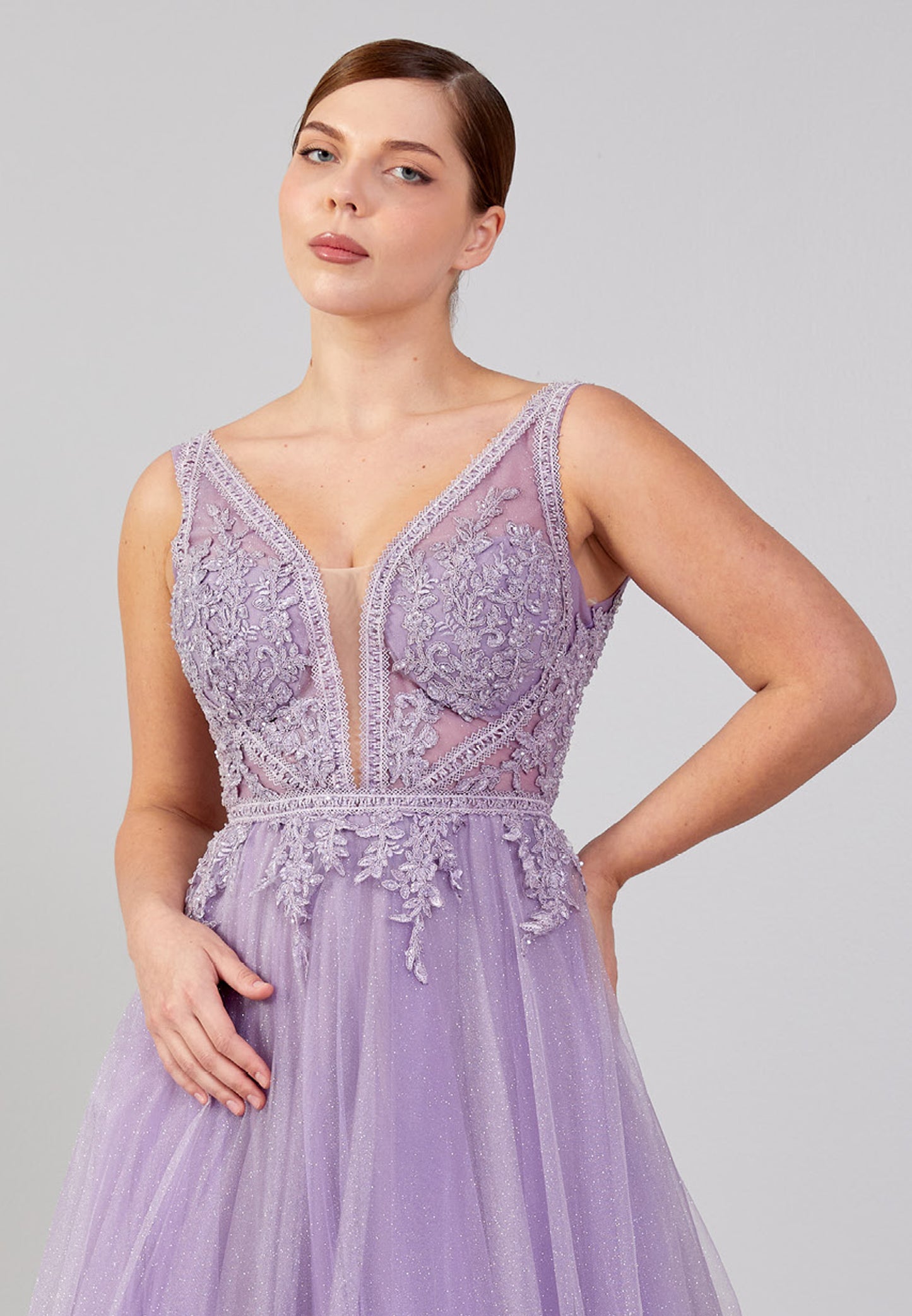 Lila lace and tulle evening gown