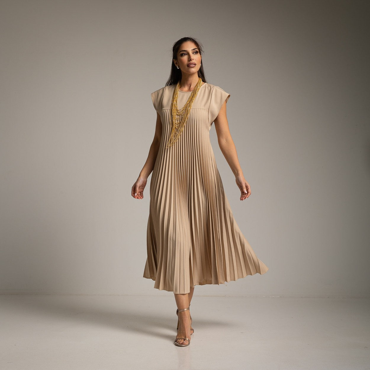 PLEATED BEIGE LONG SUMMER DRESS