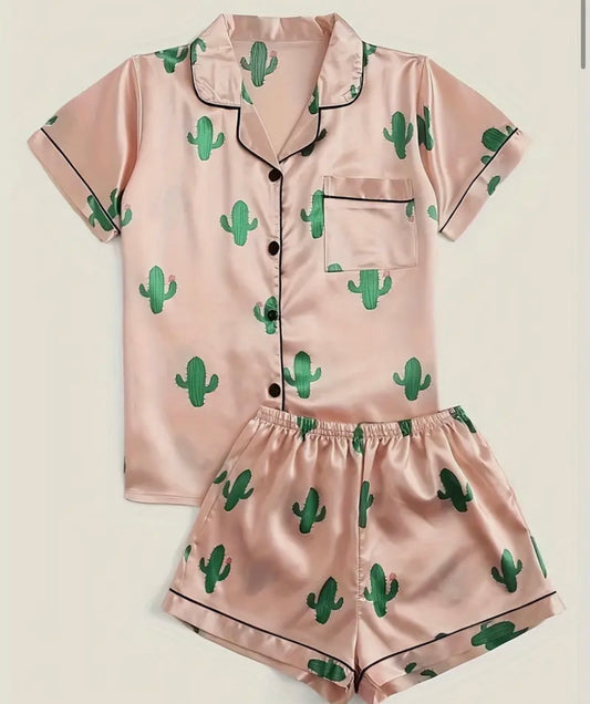 SATIN CACTUS PRINT SHORT PYJAMA SET