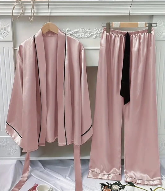 PINK SATIN AND BLACK PYJAMA SET