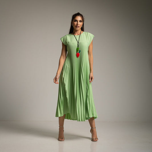 GREEN PISTACHIO PLEATED LONG SUMMER DRESS