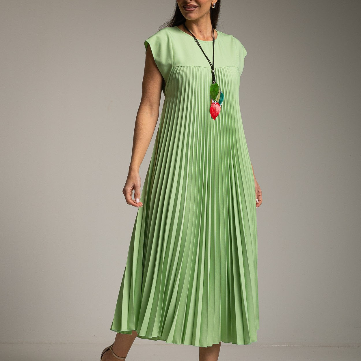 GREEN PISTACHIO PLEATED LONG SUMMER DRESS