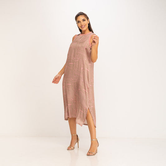 PINK AND BROWN SATEEN GEOMETRIC PRINT DRESS