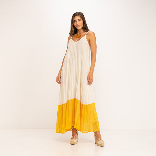 PLEATED COLORBLOCK YELLOW AND CREAM LONG DRESS