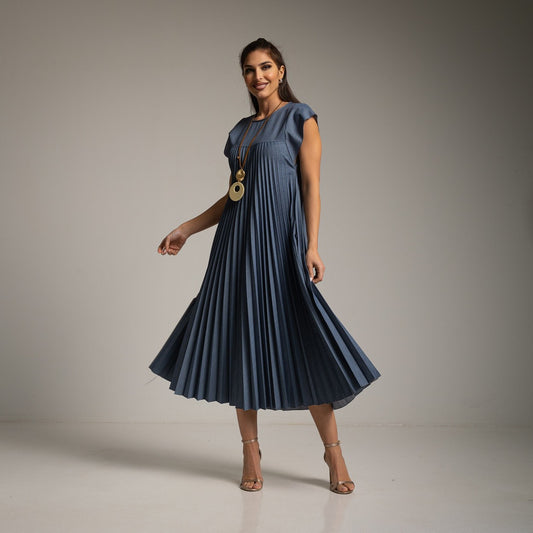 BLUE DENIM PLEATED SUMMER DRESS