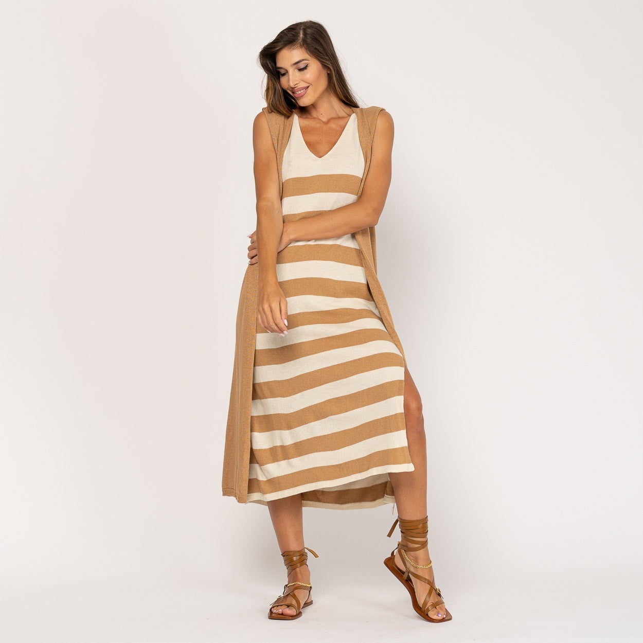 KNIT SUMMER DRESS WITH BROWN AND BEIGE STRIPES