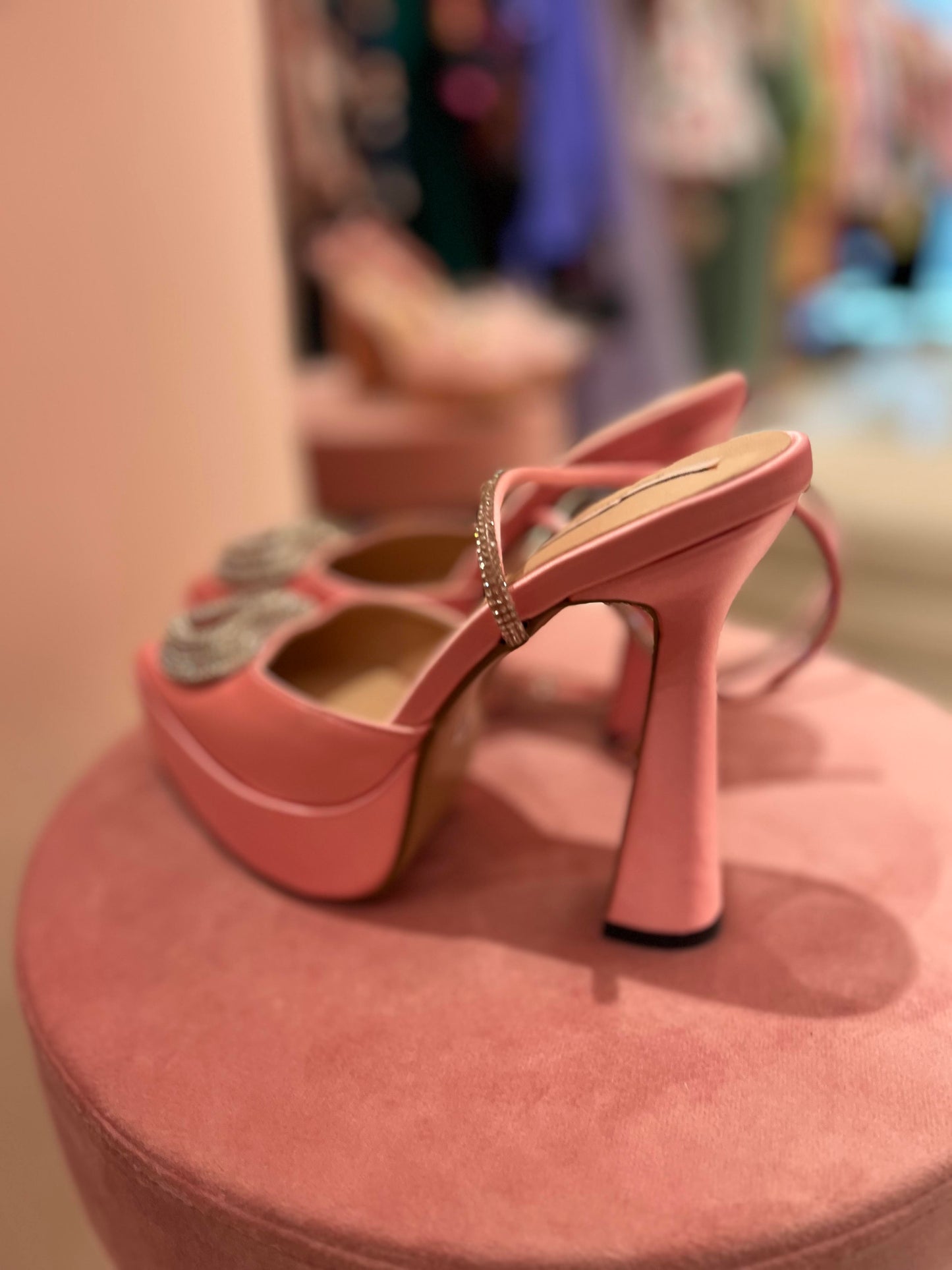 PINK SATIN CRYSTAL HEART HEELS