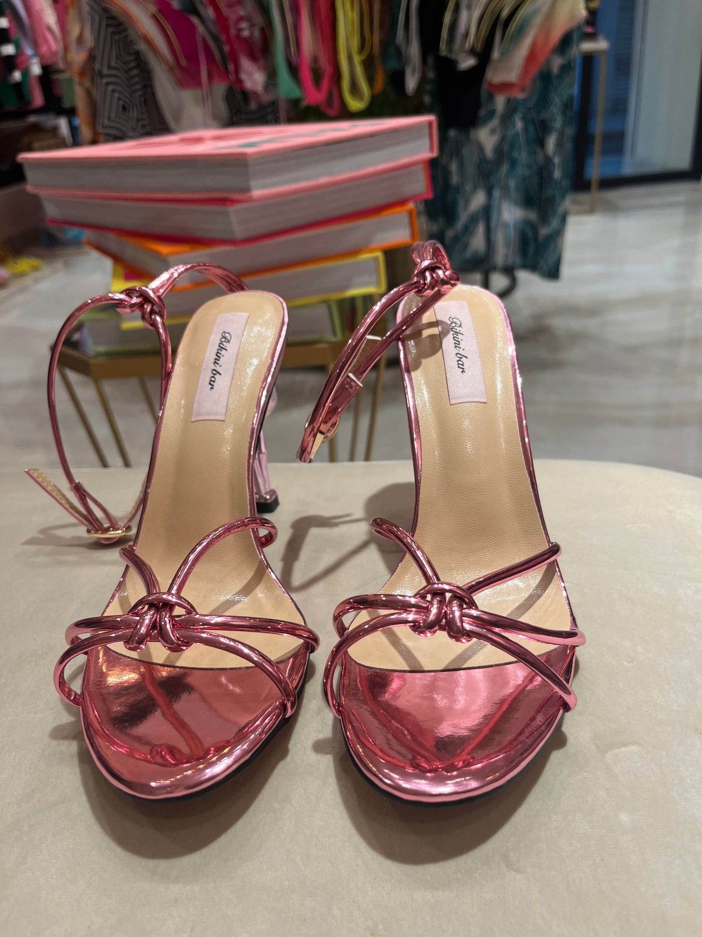 PINK METALLIC  FLAMINGO STRAPY HEELS