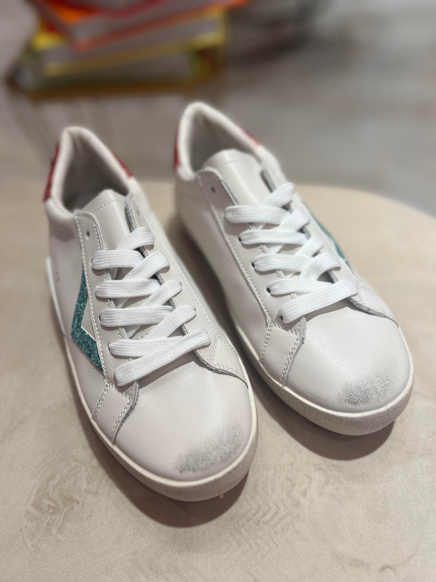 WHITE SNEAKERS WITH GREEN AND PINK GLITTERS TRIM