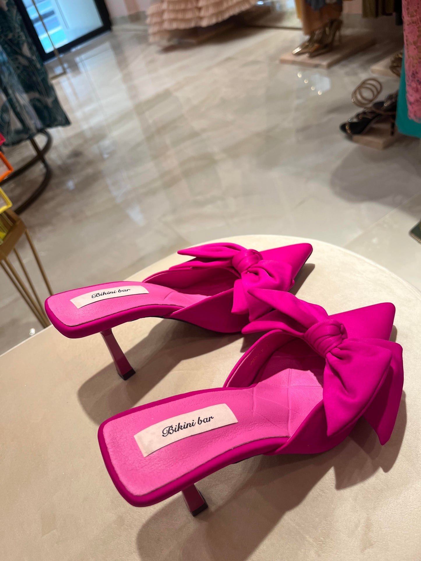 FUSCHIA MAT SATIN BOW MULE
