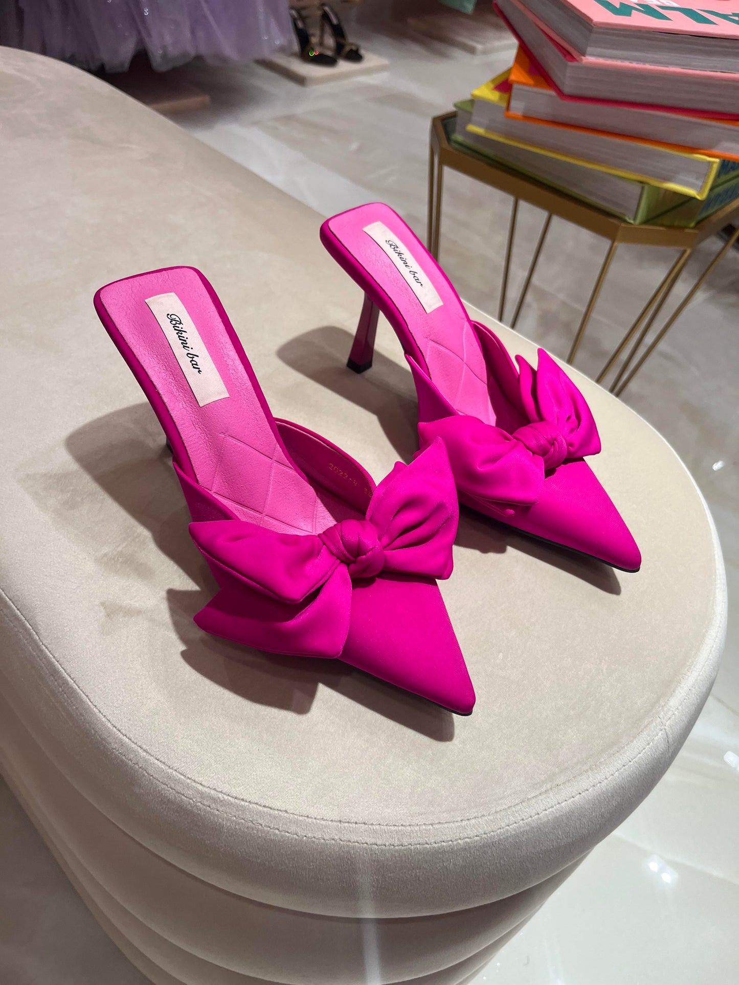 FUSCHIA MAT SATIN BOW MULE