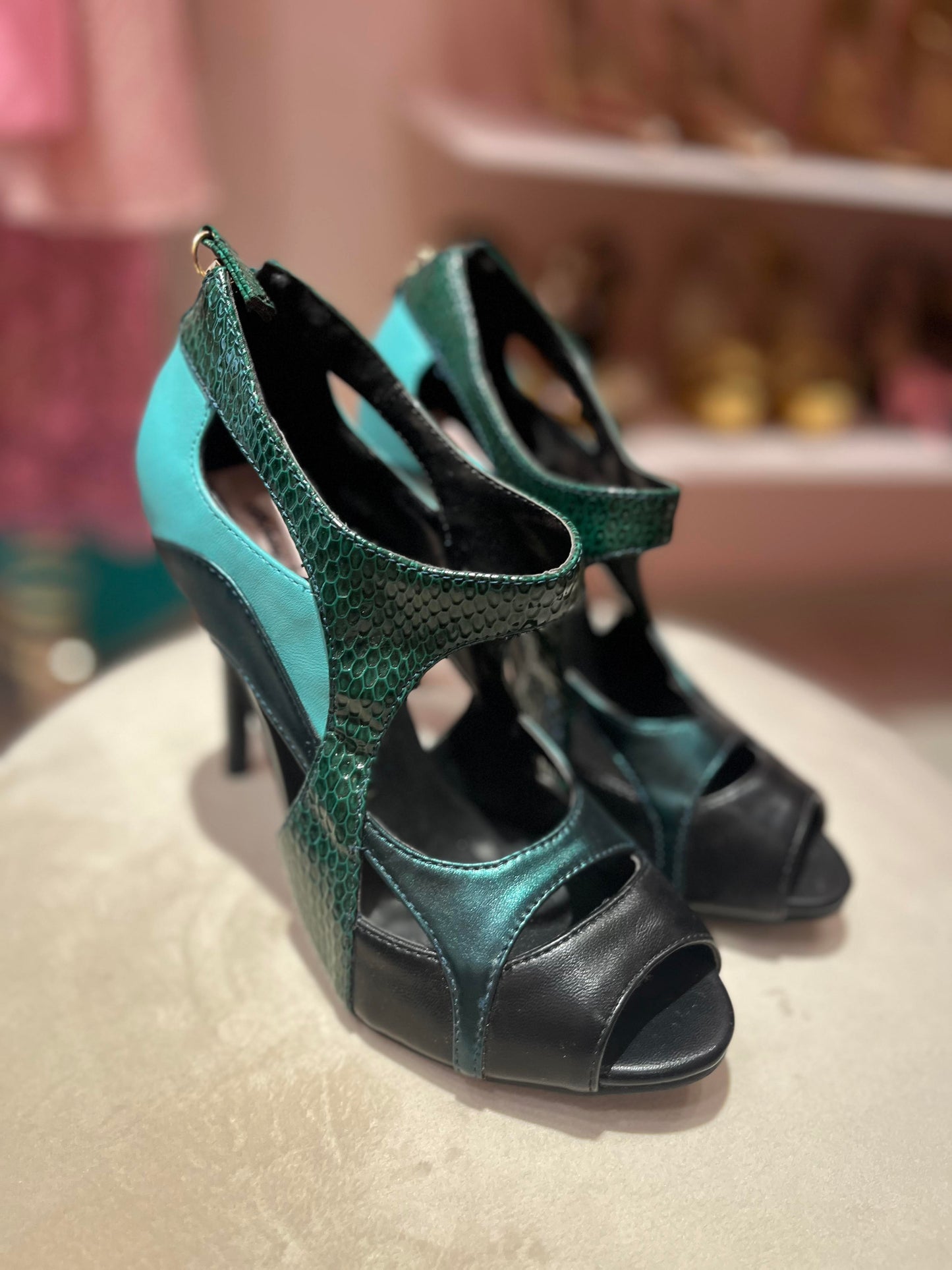 LEATHER GREEN PYTHON COLOR BLOCK SHOES ANKLE BOTS