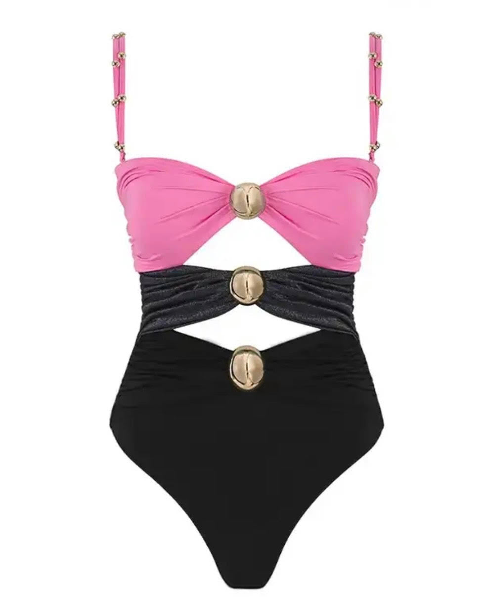 TRI COLOR PINK GREY BLACK CUT OUT  SWIMSUIT