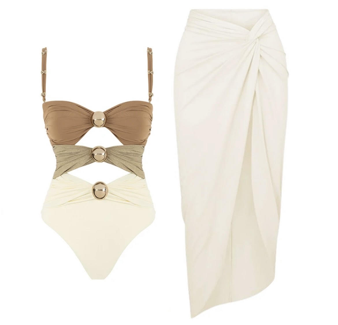 TRIO COLORS CUT OUT CARAMEL BROWN AND BEIGE CUT OUT SWIMSUIT