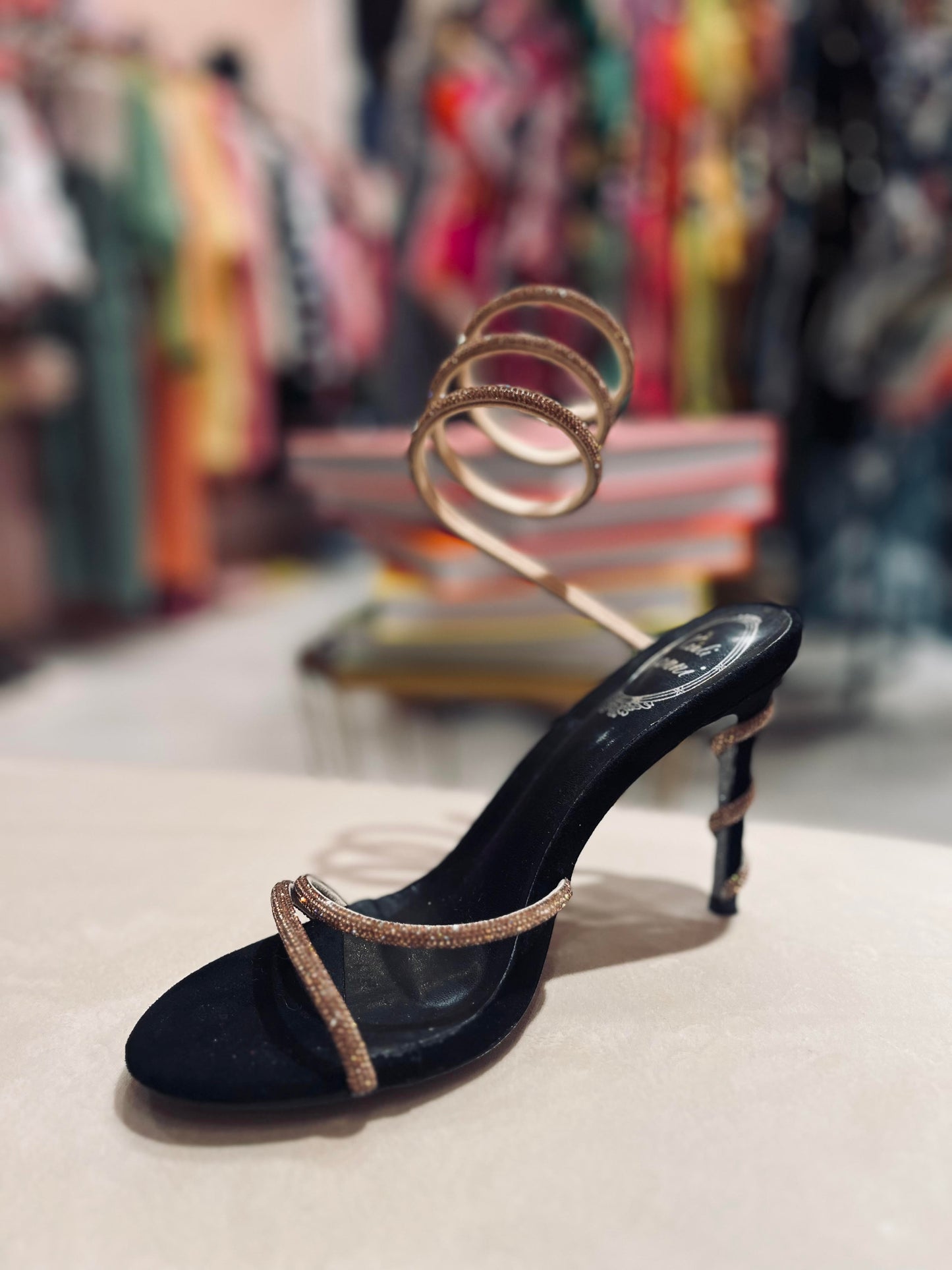 CRYSTAL BROWN STRAP TWISTED  ANKLE HEELS