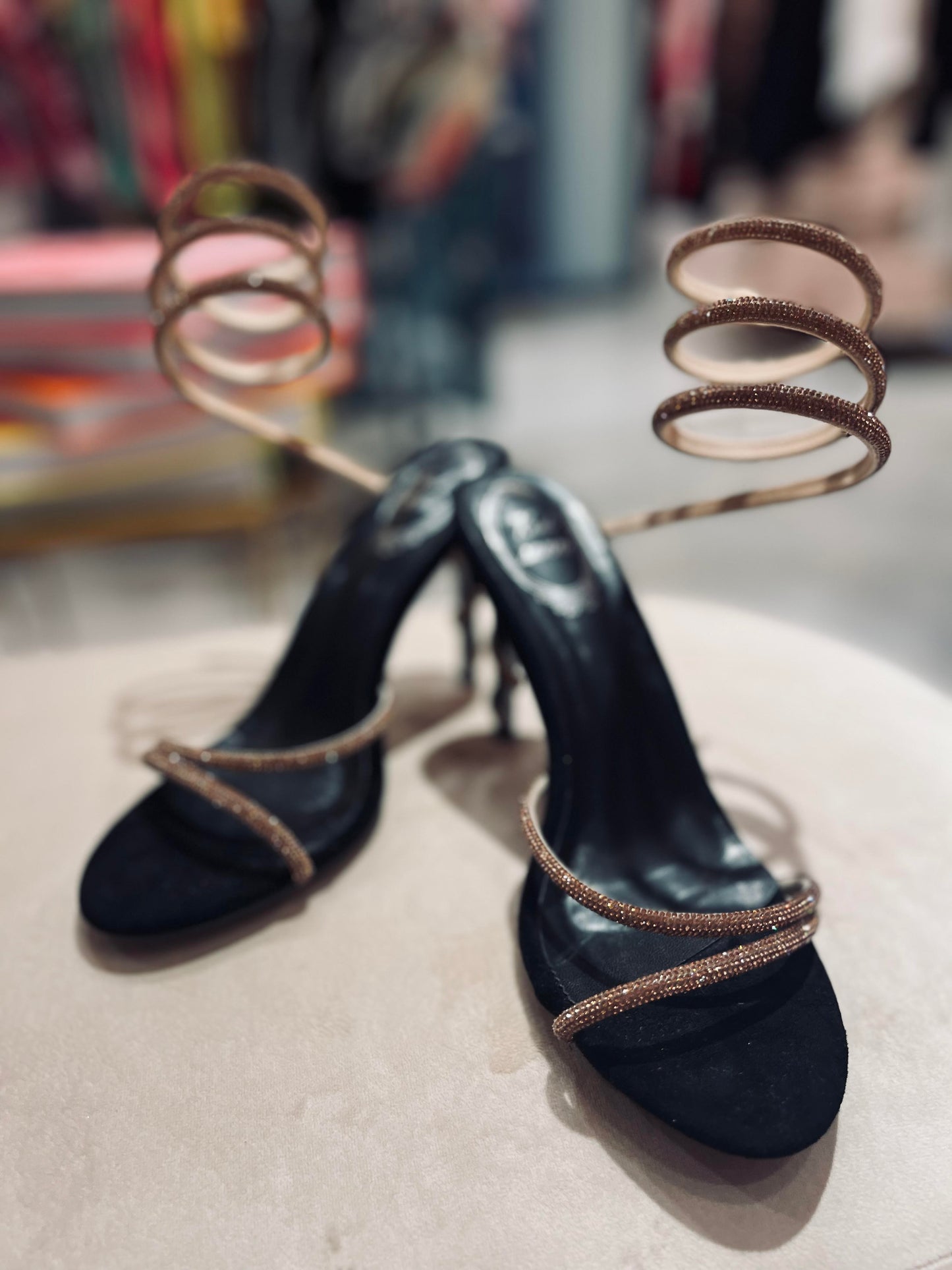 CRYSTAL BROWN STRAP TWISTED  ANKLE HEELS