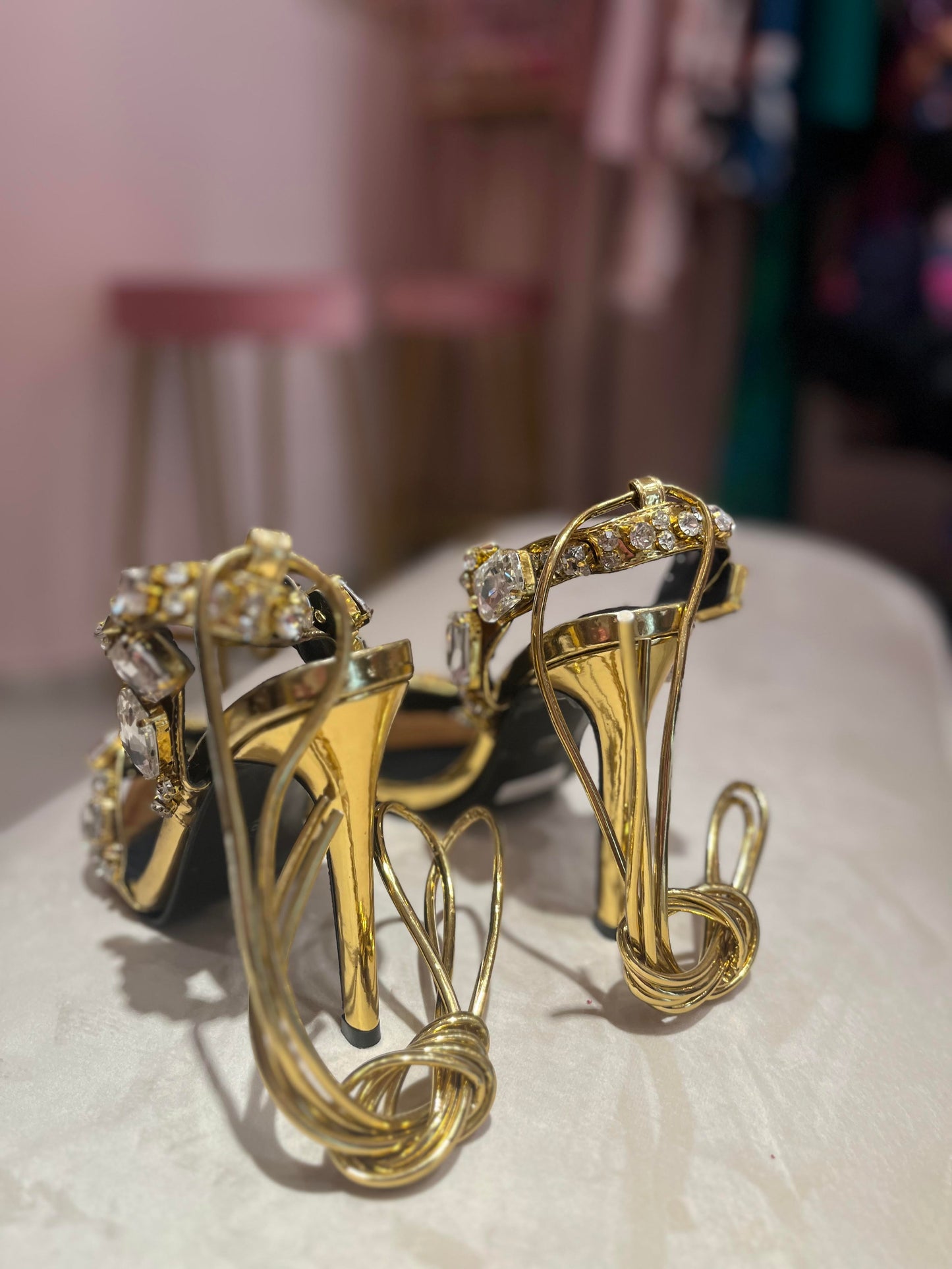 GOLD CRYSTAL STONES STRAPPY HIGH HEELS