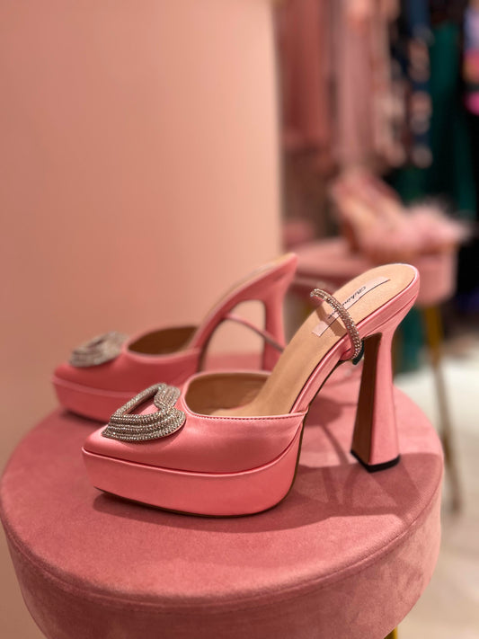 PINK SATIN CRYSTAL HEART HEELS
