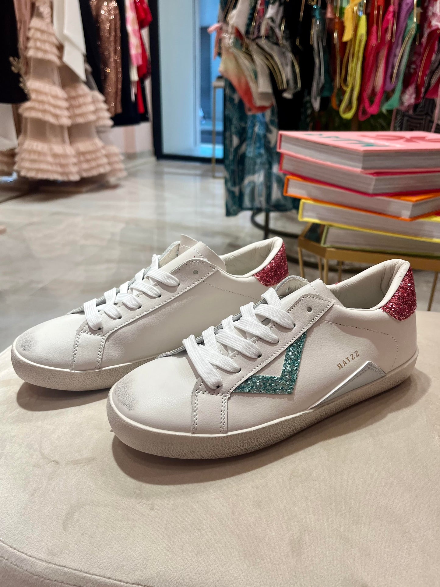 WHITE SNEAKERS WITH GREEN AND PINK GLITTERS TRIM