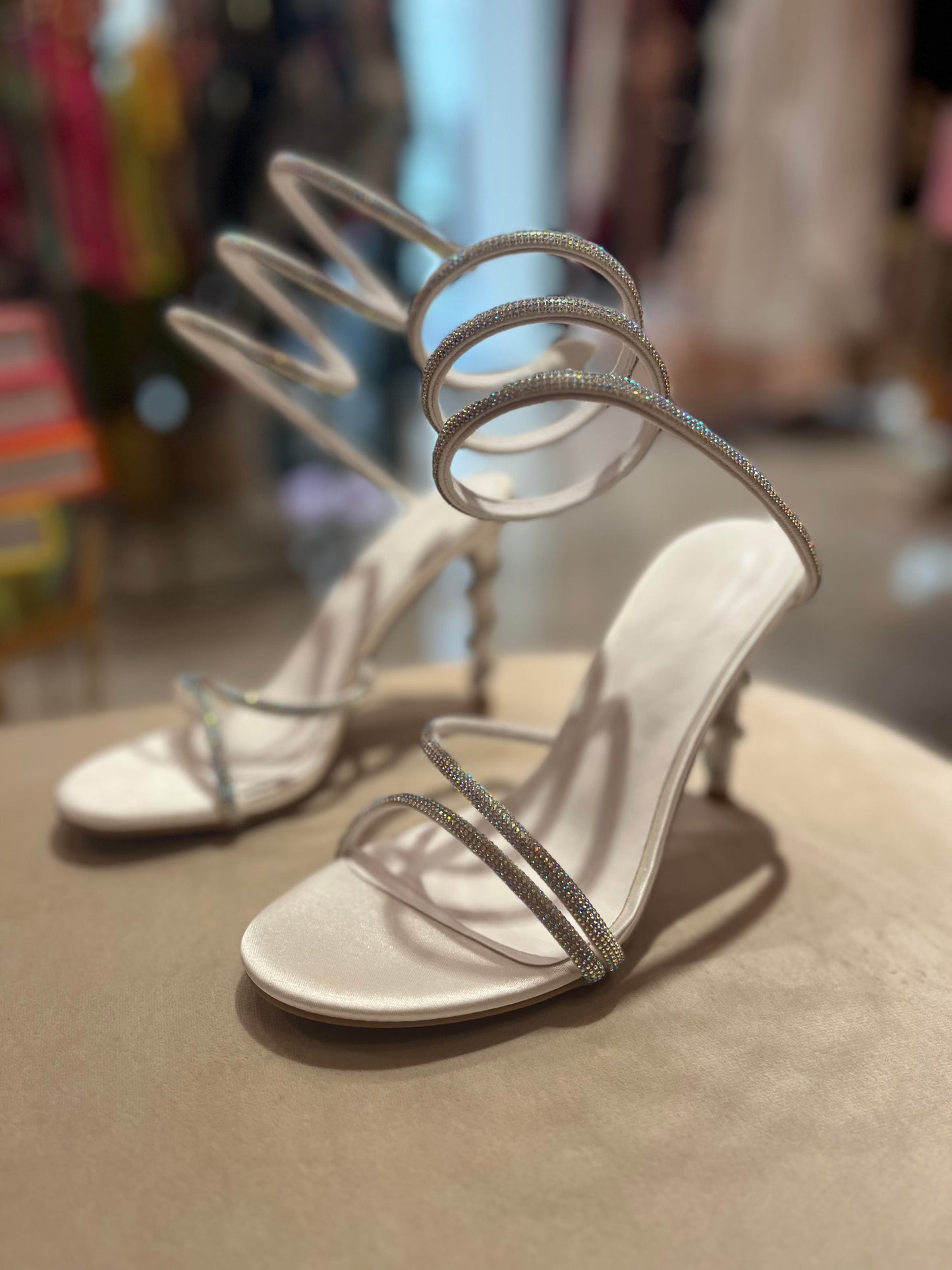 CRYSTAL WHITE TWISTED STRAPY ANKLE HEELS