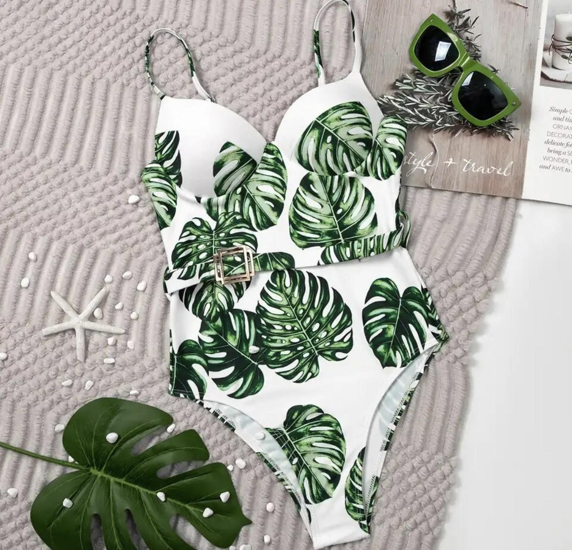 GREEN PALM LEAVES CORSET BATHING SUIT