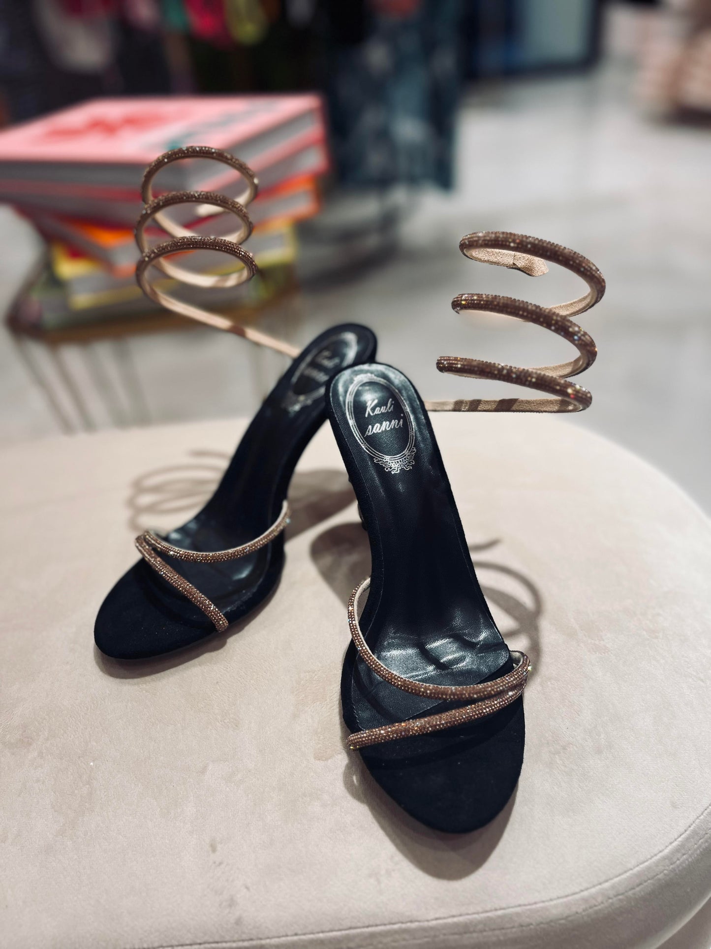 CRYSTAL BROWN STRAP TWISTED  ANKLE HEELS