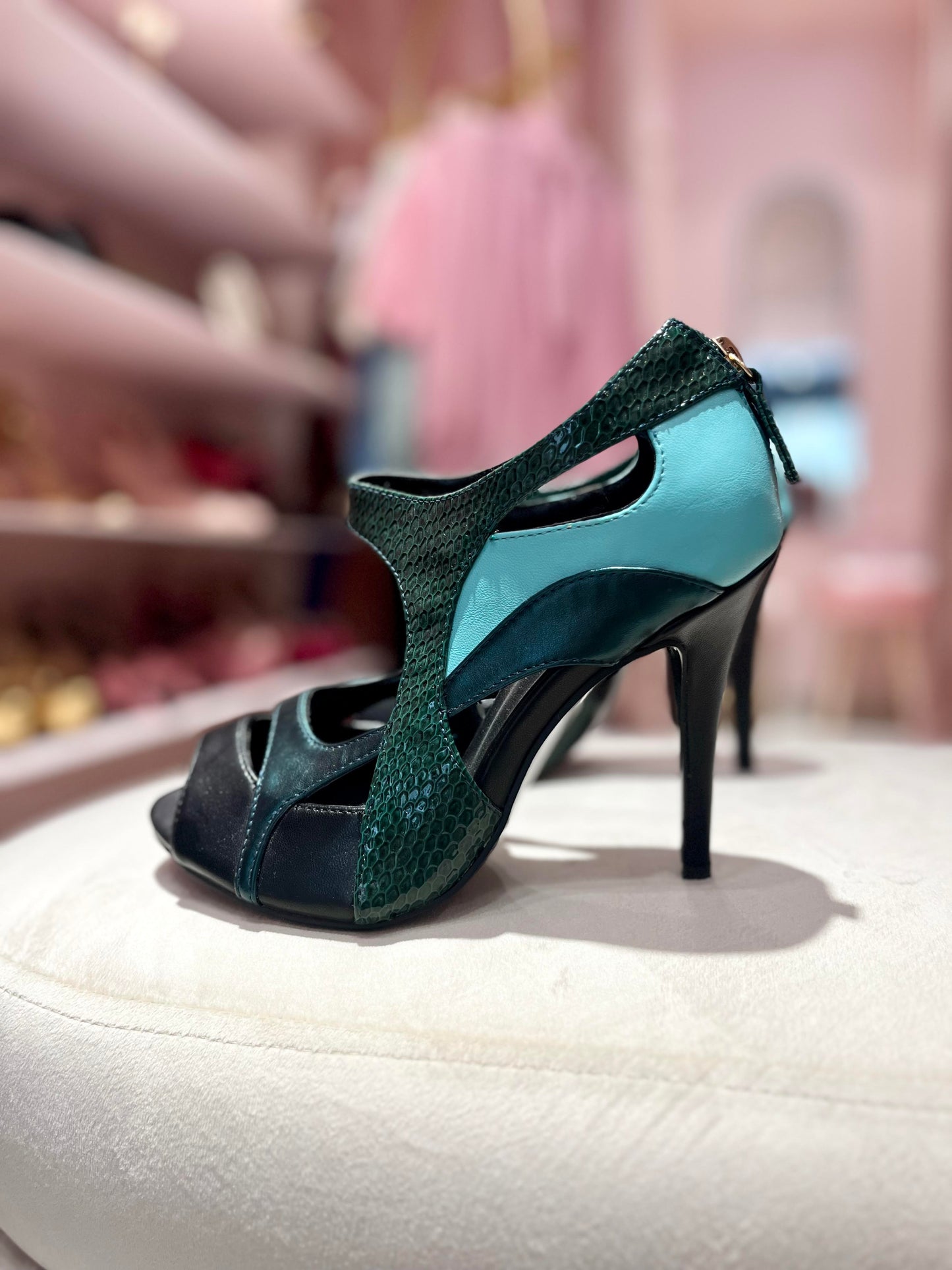 LEATHER GREEN PYTHON COLOR BLOCK SHOES ANKLE BOTS