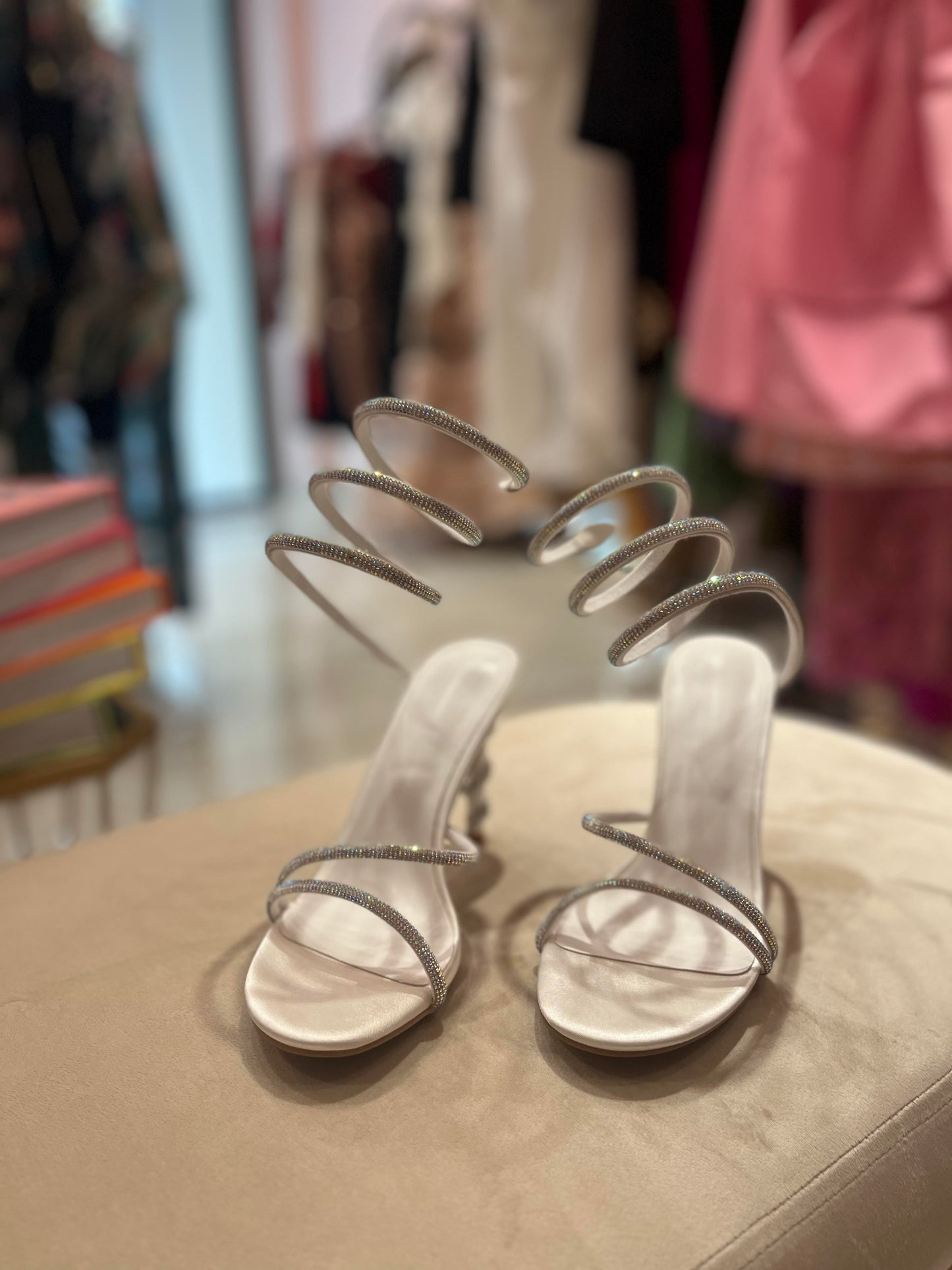 CRYSTAL WHITE TWISTED STRAPY ANKLE HEELS