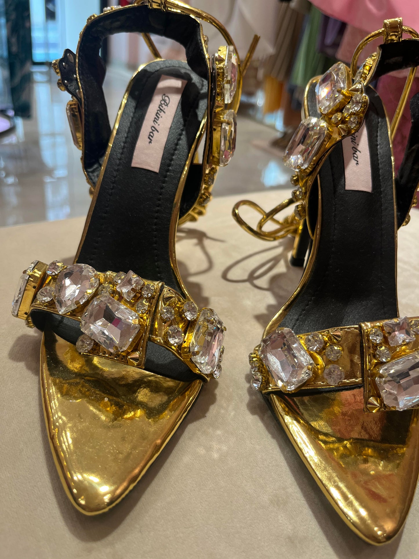 GOLD CRYSTAL STONES STRAPPY HIGH HEELS