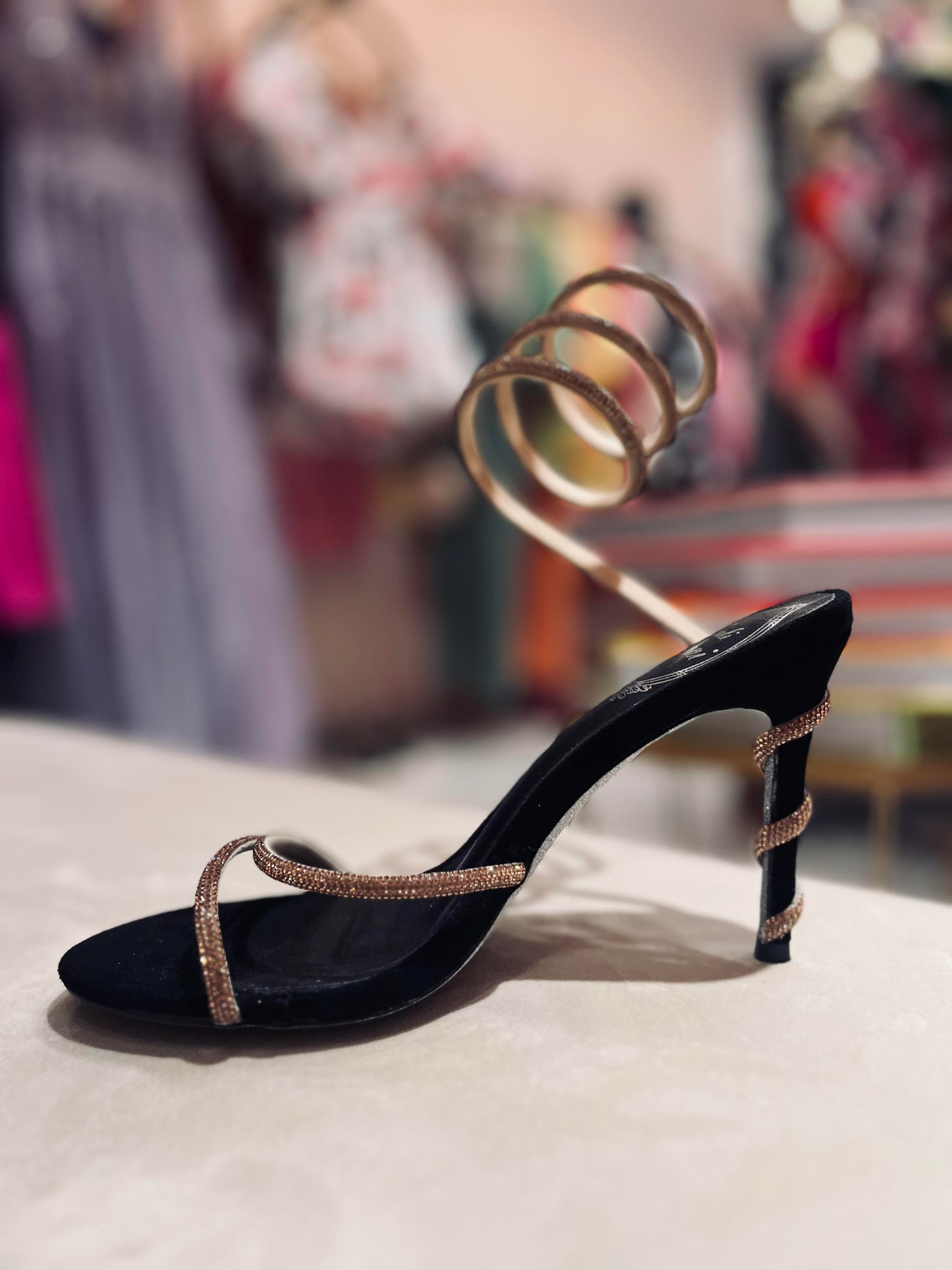 CRYSTAL BROWN STRAP TWISTED  ANKLE HEELS