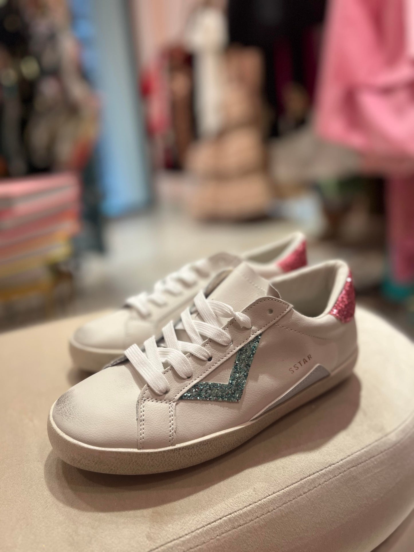 WHITE SNEAKERS WITH GREEN AND PINK GLITTERS TRIM