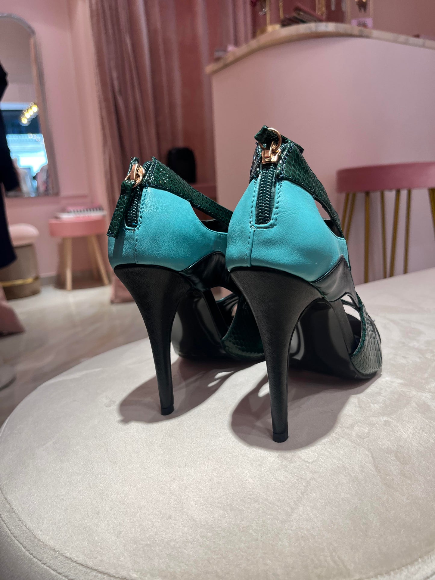 LEATHER GREEN PYTHON COLOR BLOCK SHOES ANKLE BOTS