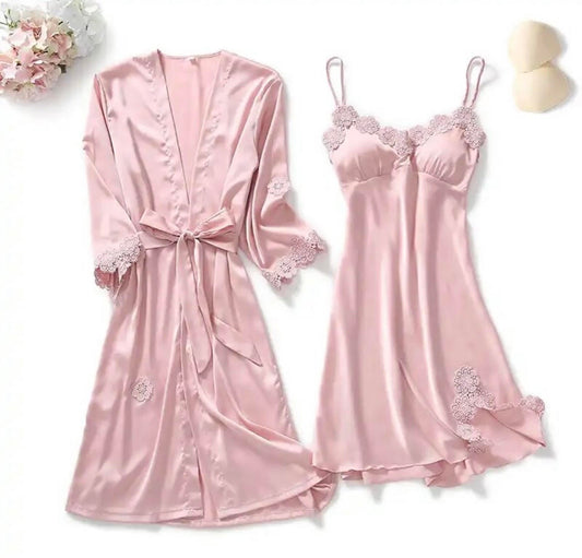 POWDER PINK SATIN BATHROPE WITH LACE