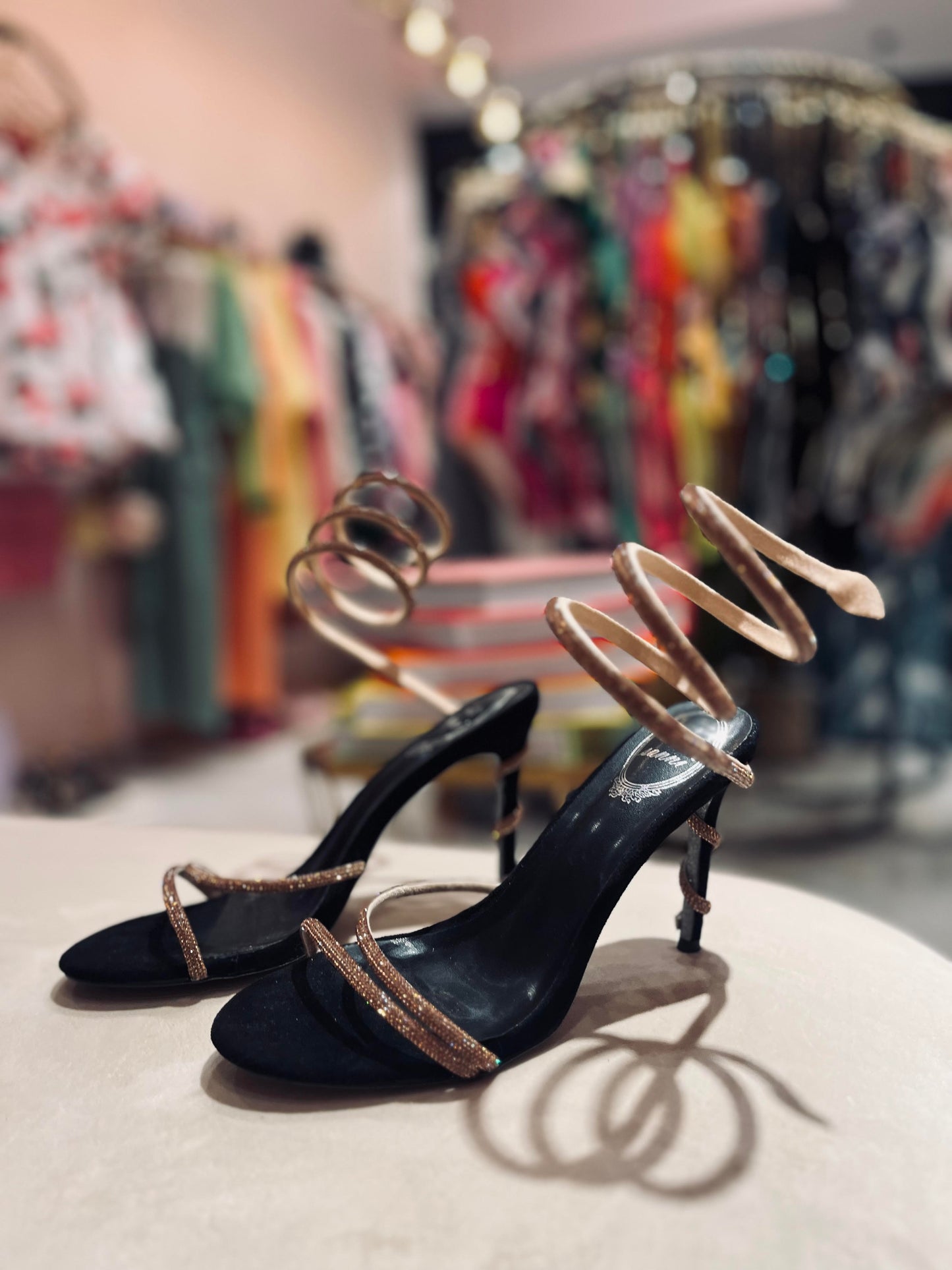 CRYSTAL BROWN STRAP TWISTED  ANKLE HEELS