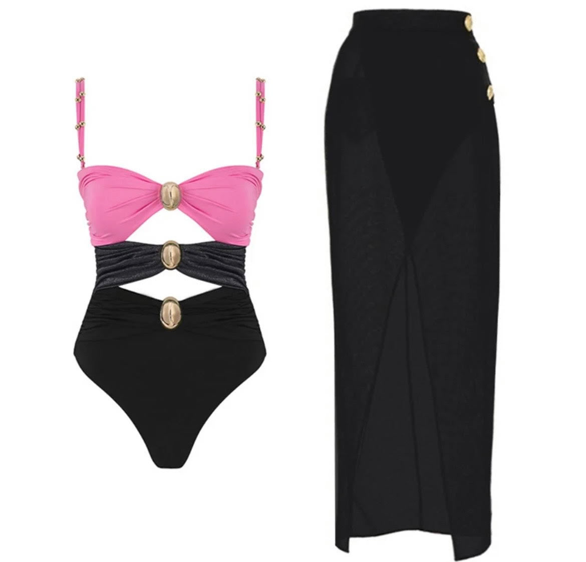 TRI COLOR PINK GREY BLACK CUT OUT  SWIMSUIT