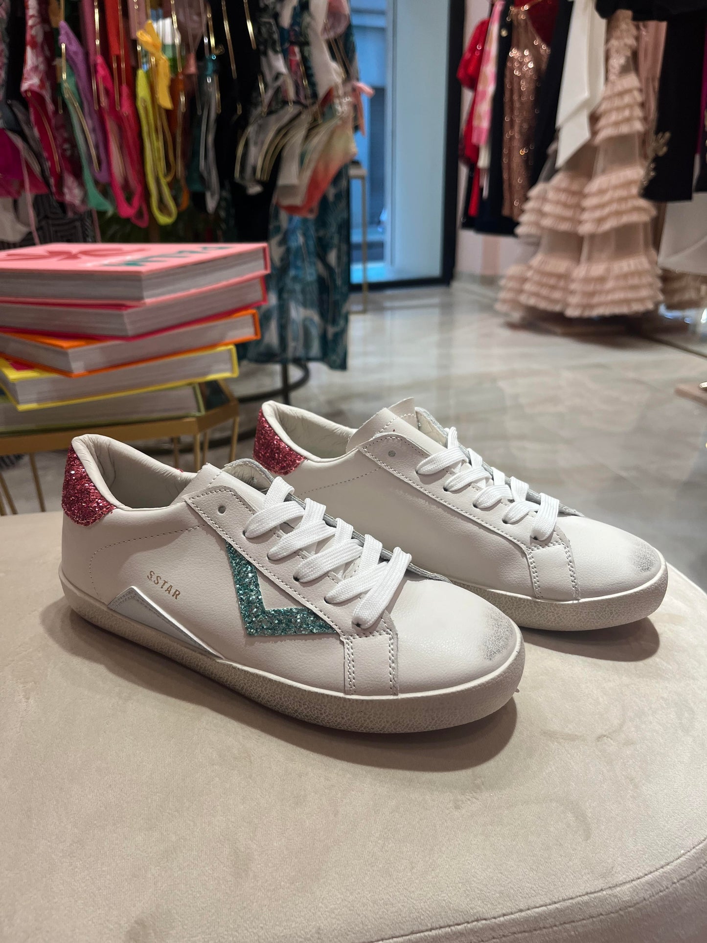 WHITE SNEAKERS WITH GREEN AND PINK GLITTERS TRIM
