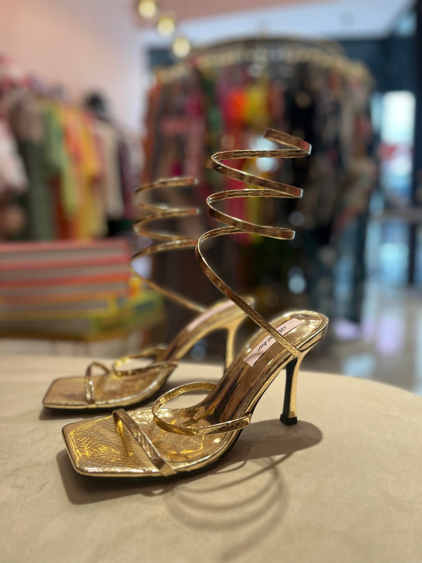 GOLD PYTHON STRAPPY ANKLE HEELS