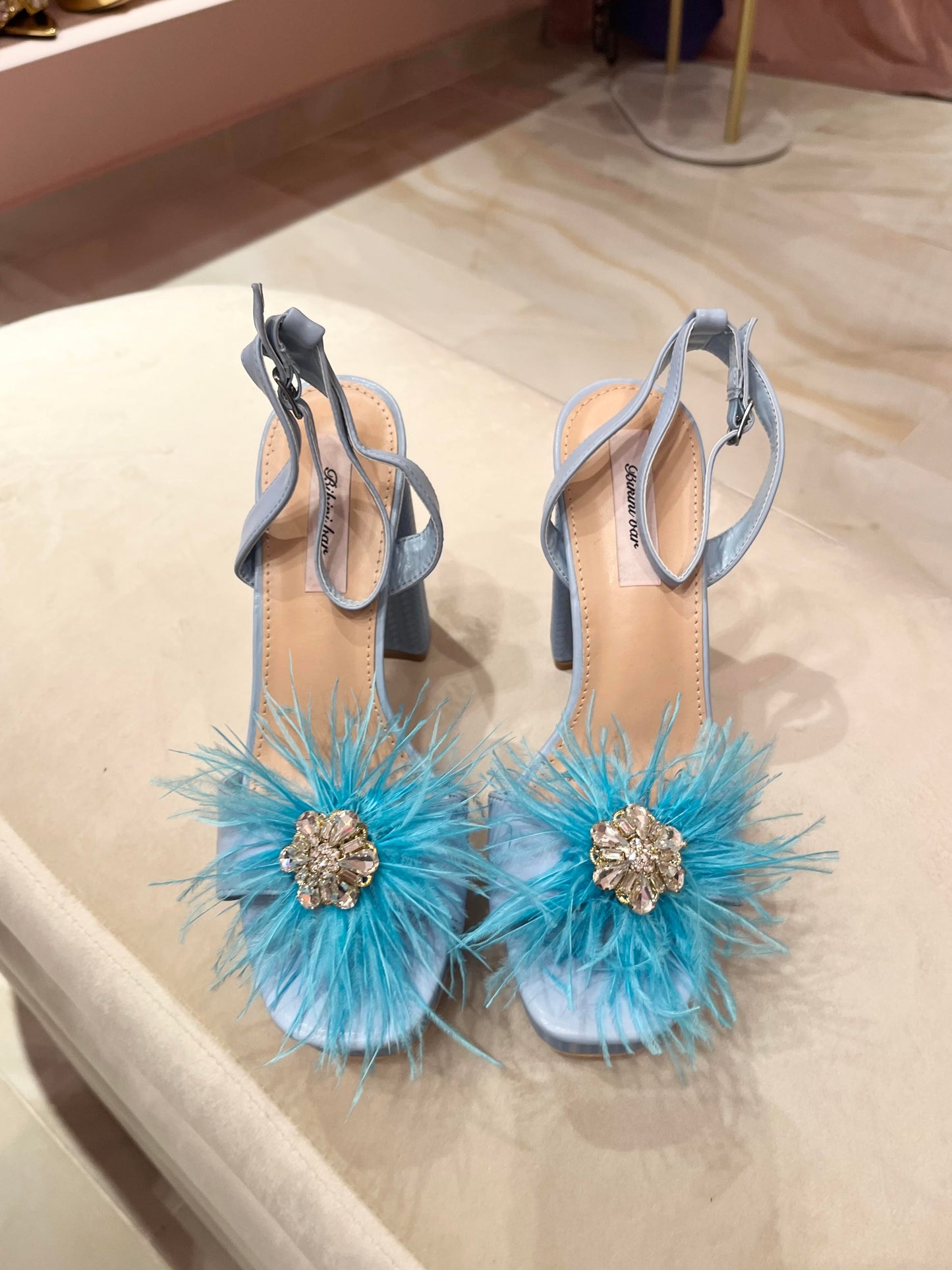 BABY BLUE OSTRICH PLATFORM HEELS