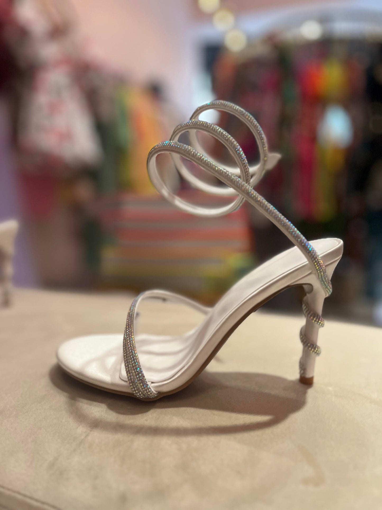 CRYSTAL WHITE TWISTED STRAPY ANKLE HEELS